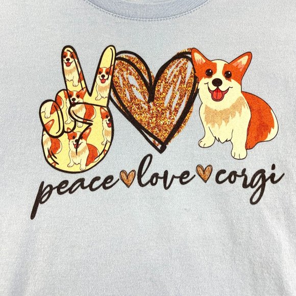 Peace Love & Corgi Light Blue Women's Ring Spun 100% Cotton Graphic Tee Sz S - Picture 4 of 7